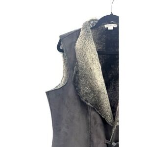 Coldwater Creek Womens Medium Faux Suede Fur Lined Vest Gray Brown Woodlands